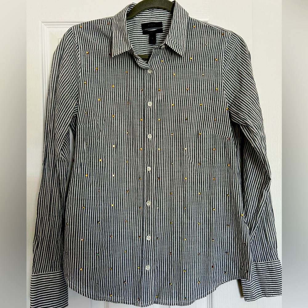 J. Crew Perfect Shirt, Gray/White Stripes with Rhinestone Accent, size 6